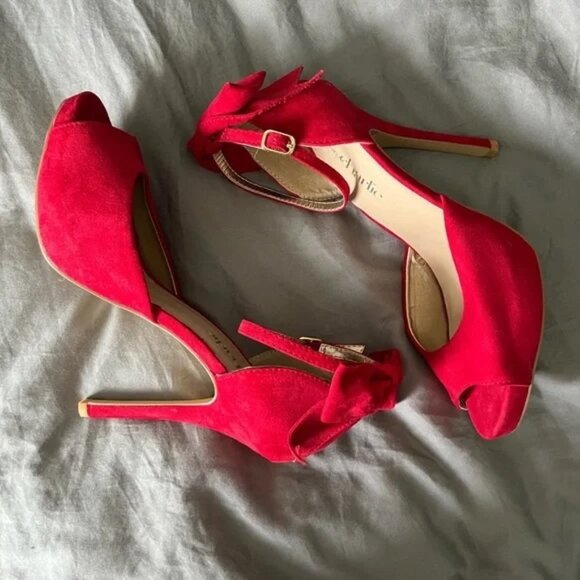 NEW! Red Faux Suede Stiletto Peep-Toe Bow High Heels Shoes - Picture 3 of 3
